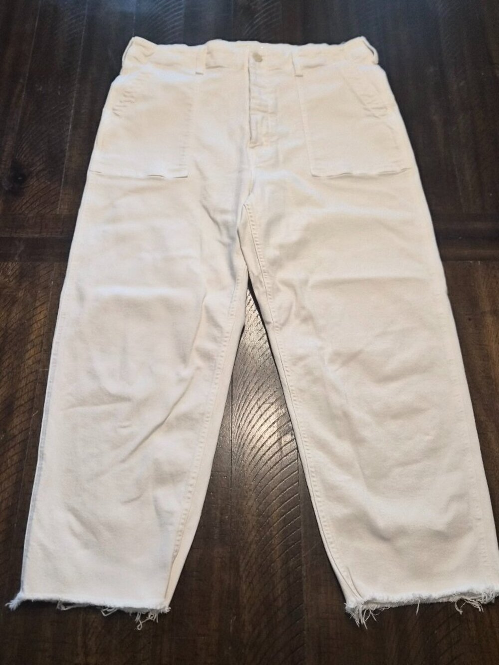 Mother Jeans Size 34 Patch Pocket Private Ankle Fray Cream Puffs White G875
